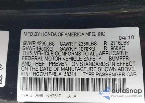 2018 Honda Accord Ex из США, поврежденный, VIN 1HGCV1F48JA158341